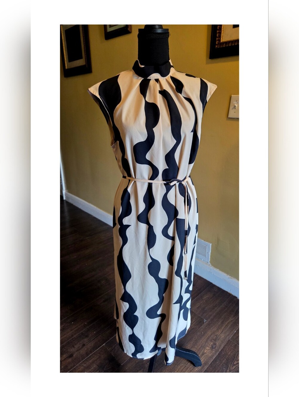Grawell Women's Geo Printed Tie Back Mock Neck Cap Sleeve A Line Midi Dress Sz M